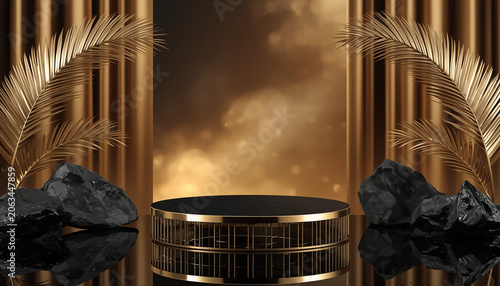 Podium concept product display background, gold black stone round pedestal or platform, 3d rendering 