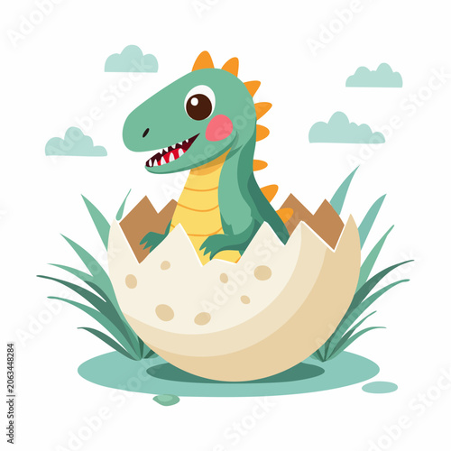 Cute cartoon dinosaur hatching from egg