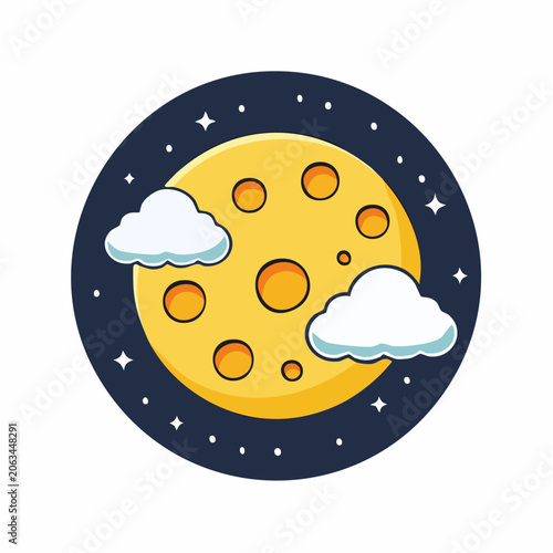 Cartoon Moon with Clouds and Stars