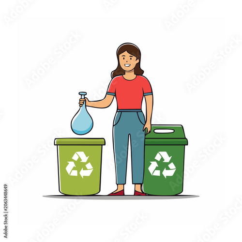 Woman holding recycling bin and trash can