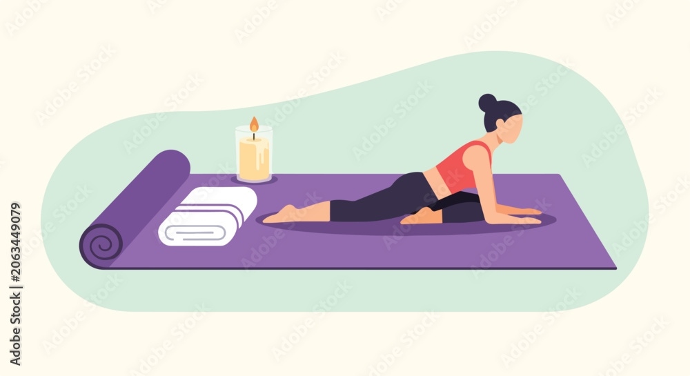 Fototapeta premium A woman practices a yoga pose on a purple mat with a candle and folded towel, set against a minimalist background in this vector illustration.
