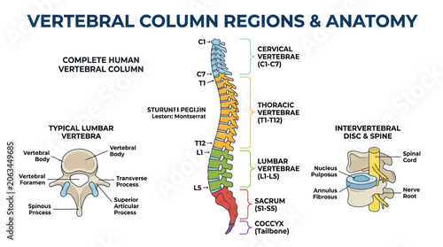 Human Vertebral Column Anatomy Chart: Regions, Lumbar Vertebra, Discs & Spine