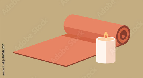 Foto A vector illustration depicting a partially unrolled orange yoga mat and a lit white candle against a neutral tan background
