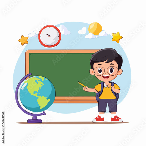 Cartoon boy with backpack and globe in front of blackboard