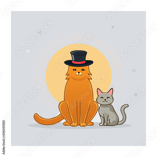 Cartoon orange cat with top hat and gray kitten
