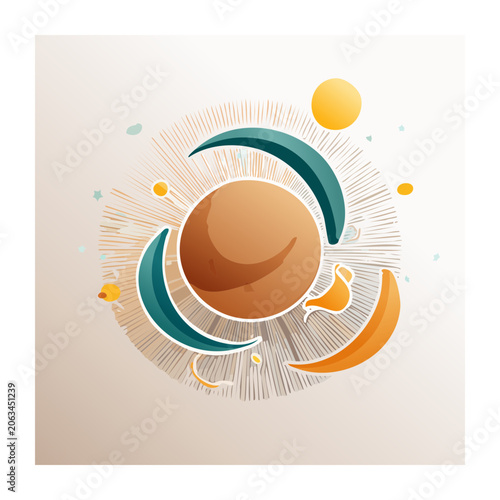 Flat design coffee cup with steam and sun rays