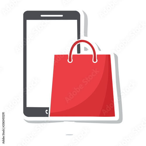 Flat icon of smartphone and shopping bag