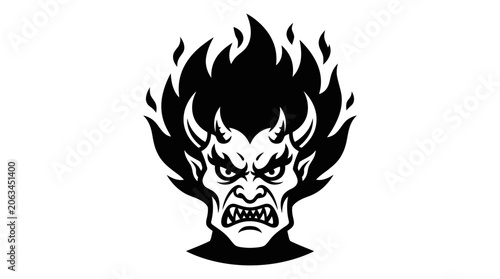 Obraz na plátně Furious Devil Face with Flaming Hair and Horns - Black and White Icon