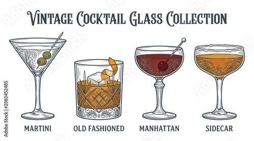 Fotografía Vintage Cocktail Glass Collection - Martini, Old Fashioned, Manhattan, Sidecar