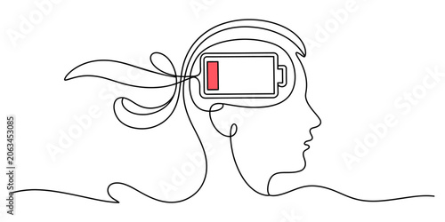 Fotografie Low battery energy concept in human head line art illustration