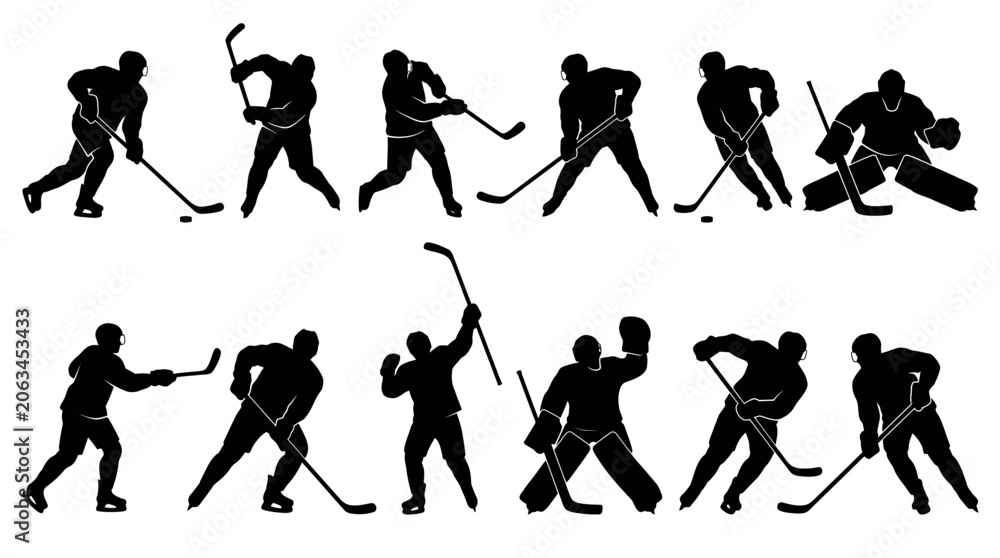 Naklejka premium Collection of Ice Hockey Player Silhouettes in Dynamic Poses