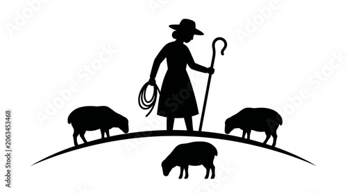 Foto Silhouette of a Shepherdess with Staff and Sheep Grazing on a Hill