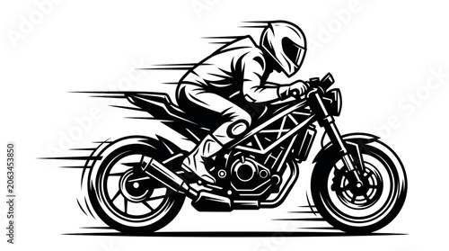 Fotografie Man Riding A Motorcycle Fast Black And White Illustration