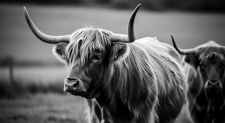 A close-up black and white photo of a shaggy horned cow