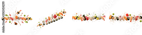 Panel kuchenny z motywem Flying sushi rolls and sashimi set isolated on black background