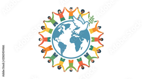 Fotografie Diverse People Holding Hands Around The World Globe With Peace Dove
