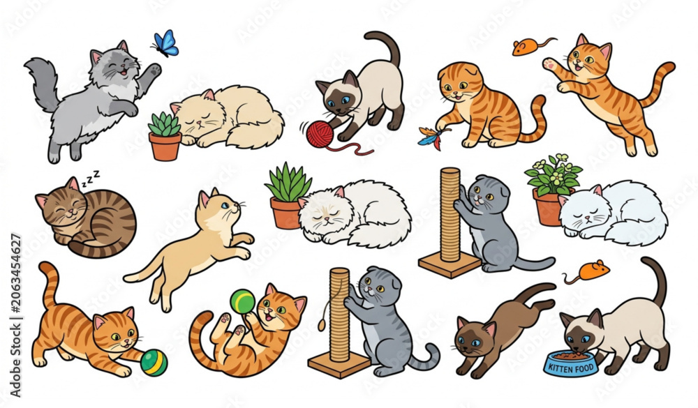 Fototapeta premium Funny Fluffy Purebred Cats Vector Set with Relaxing Playing and Eating Kitty Characters