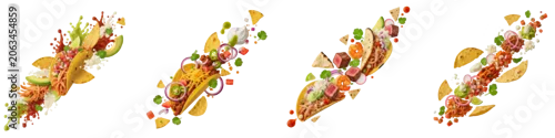 Panel kuchenny z motywem Four assorted mexican tacos with flying ingredients on black background