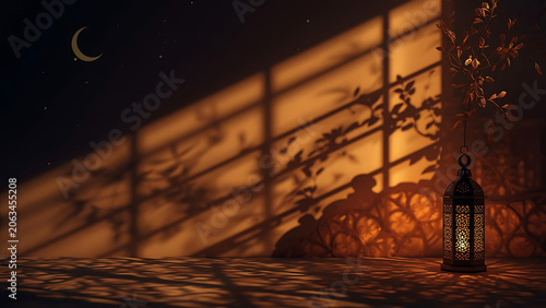 Ramadan Lantern and Crescent Moon Shadow on Wall