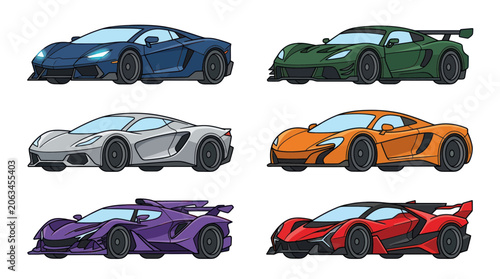 Collection of Six Colorful Sports Cars, Vector Illustration, Pixel Art Style