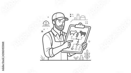 фотографія Farmer analyzing cattle breeding and genetic data on clipboard.