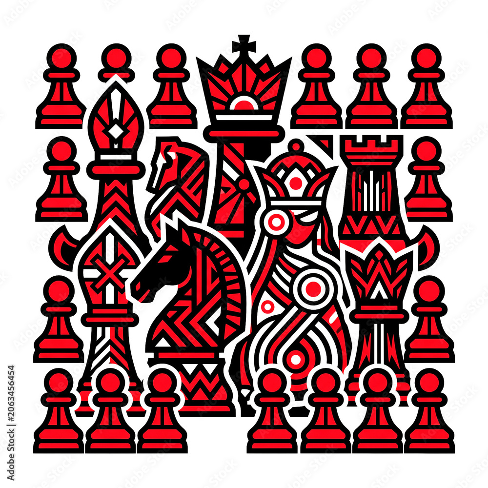 Fototapeta premium Chess set with king queen knight bishop rook and pawn on transparent background. Decorative chess pieces collage for board game, strategy, competition, and tournament concept art.