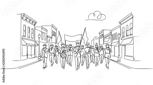 Konstfotografi Historical Parade on Main Street: One Line Drawing of Marching Band and Citizens