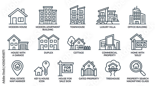 Konstfotografi Real Estate Icons Set: Houses, Buildings, Property Types, For Sale Signs
