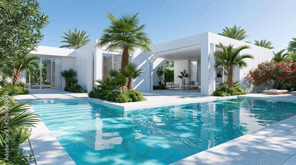 Fototapeta premium Luxury outdoor swimming pool with palm trees and modern villa