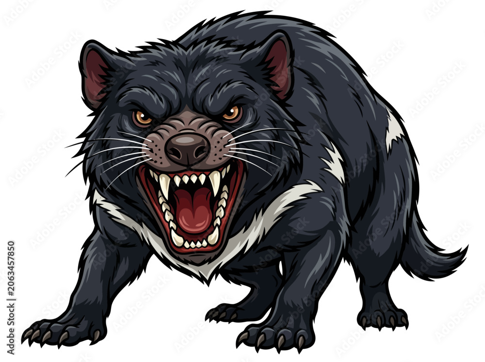 Obraz premium Aggressive Tasmanian Devil illustration with bared teeth and intense expression.