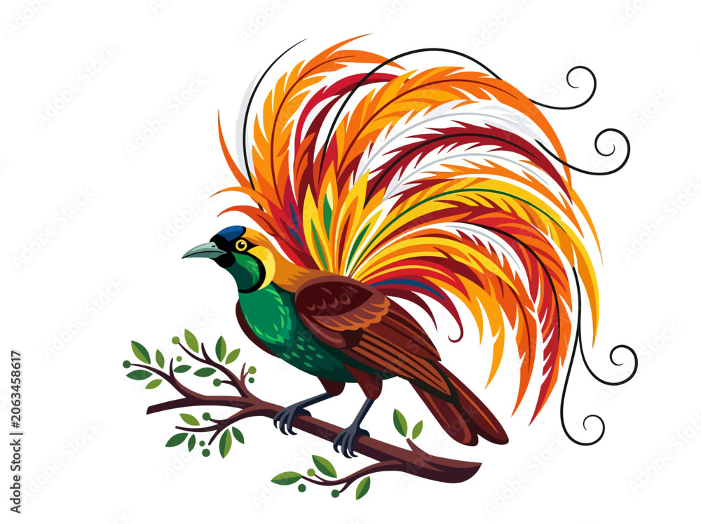 Obraz premium Vibrant Bird of Paradise perched on a branch with colorful plumage.