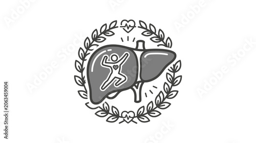 Healthy liver icon with active person and laurel wreath.