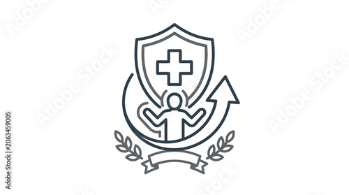 Healthy person celebrating with medical cross shield symbol.