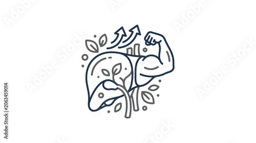 Healthy liver with flexed bicep arm and natural leaves.