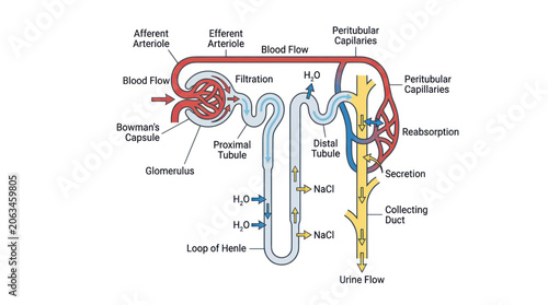 Konstfotografi Diagram of a Nephron: Kidney Unit Showing Filtration, Reabsorption, Secretion