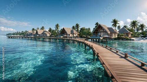Tropical overwater bungalows with wooden pier and turquoise sea