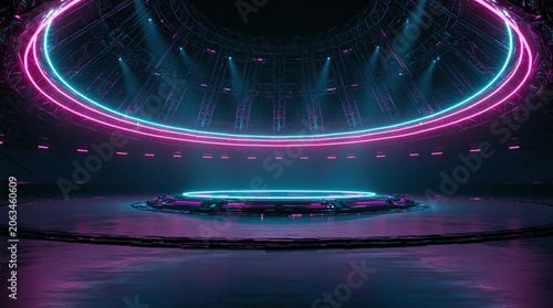 Neon sci-fi stage with glowing circular lights in futuristic arena
