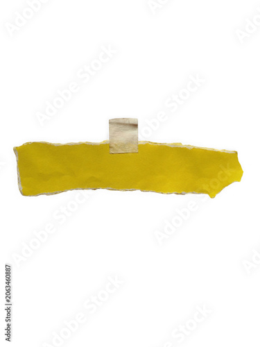 Yellow torn paper strip with a small white rectangle mounted above its center transparent background