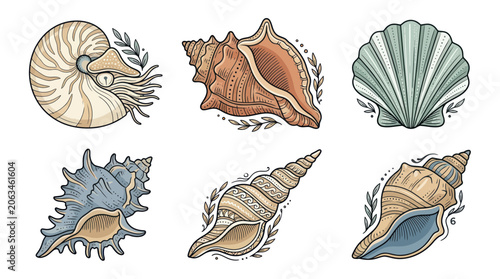 Tableau sur toile Collection of Diverse Seashells, Nautical Decor, Ocean Life Illustrations