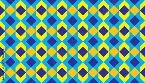 Geometric seamless pattern with diamond and chevron grid design in vibrant yellow, blue, and light blue.