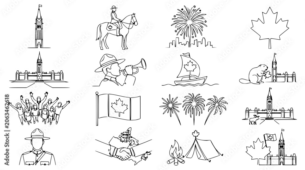 Obraz premium Canada Day Icons: Parliament, Mountie, Beaver, Maple Leaf, Fireworks, Camping, Flag