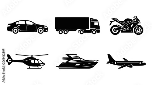 Photos Collection of six different types of transportation vehicles, including a car, truck, motorcycle, helicopter, yacht, and airplane, depicted in black silhouette