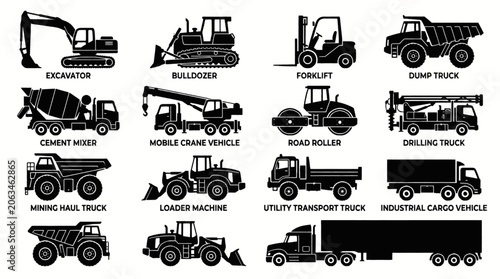 Bild auf Leinwand Collection of various construction and industrial vehicles in silhouette, including excavators, dump trucks, and forklifts