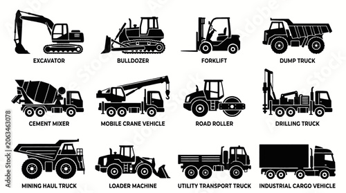 Bild auf Leinwand Collection of various construction and industrial vehicles and machinery, presented as black silhouettes on a white background