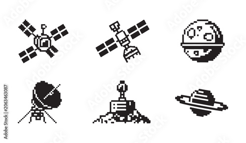 Slika na platnu Set of pixel art space icons including satellites and celestial bodies on white background