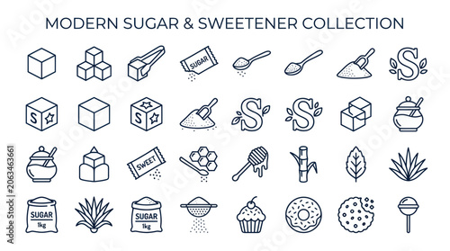 Modern Sugar and Sweetener Collection Icons: Cubes, Spoons, Bags, Honey, Plants