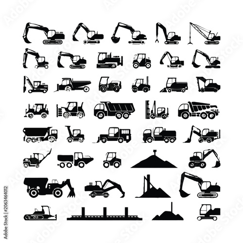 Collection of black construction vehicle silhouettes on white background Keywords: excavator