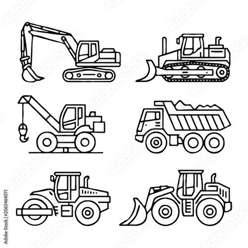 Outline illustrations of construction vehicles and machinery Keywords: excavator, digger
