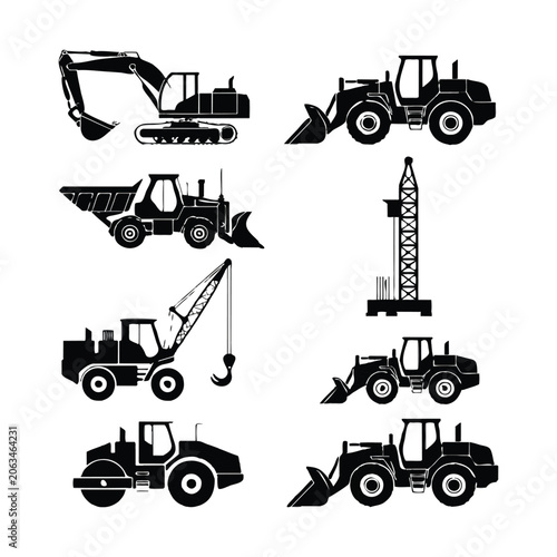 Construction Equipment Silhouettes Excavator Loader Dump Truck Crane Keywords: construction
