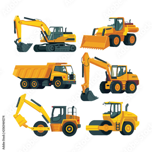 Yellow Construction Equipment Excavator Loader Dump Truck Crane Roller Keywords: construction